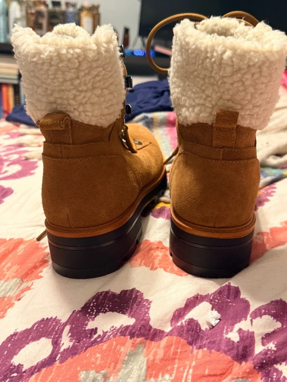 Marc Fisher LTD Izzie Tan Suede Sherpa Hiker Boots - Women's Size 9 Combat Style